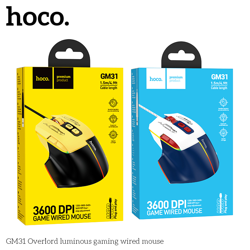 Chuột máy tính có dây Hoco GM31 siêu đẹp, chạy mượt, tùy chỉnh DPI 1200/1800/2400/3600, có 7 nút bấm - Hàng chính hãng