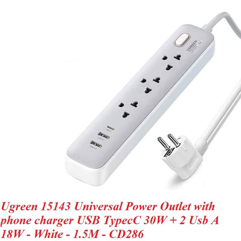 Ugreen UG15143CD286TK 30W 1C2A nguồn dài 1.5M chuẩn cắm EU chân tròn Ổ cắm điện đa năng kèm cổng sạc điện thoại 1 USB-C + 2 cổng USB-A Màu trắng - HÀNG CHÍNH HÃNG
