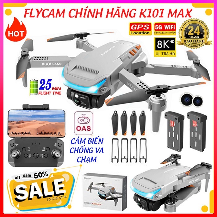 Flycam Mini Giá Rẻ Drone Camera 4K K101 Max có cảm biến tránh va chạm, bay 25 phút, chuyền hình ảnh trực tiếp về điện thoại - Hàng Chính hãng Asport