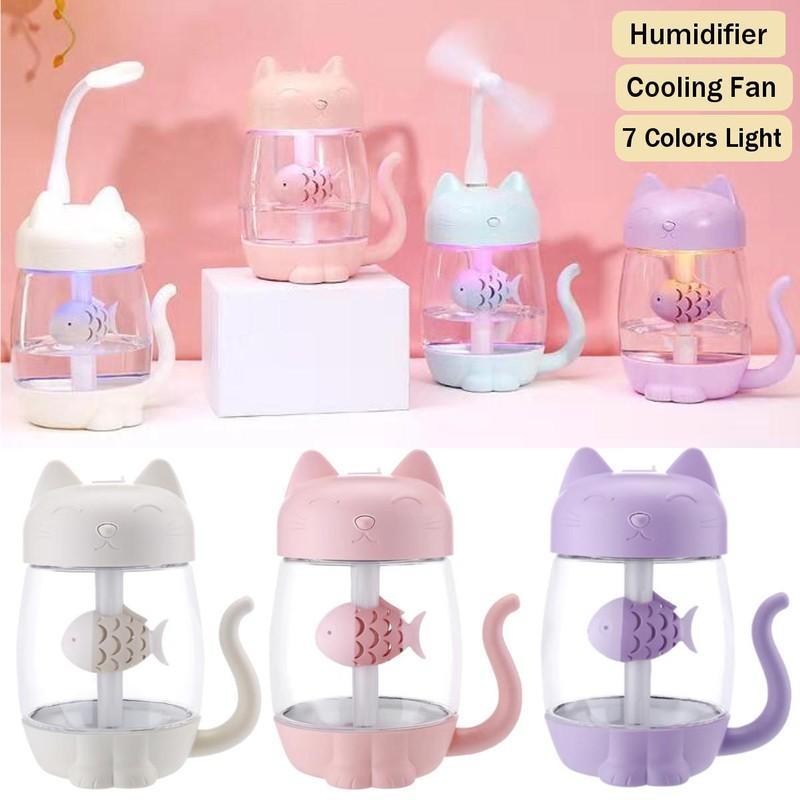 MÁY PHUN SƯƠNG TẠO ẨM SIÊU ÂM SẠC USB 35O ML ĐA NĂNG HIO2NG MÈO ĐÁNG YÊU CÓ ĐÈN LED + KÈM QUẠT