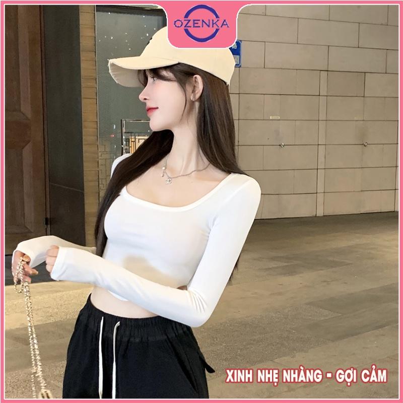 Áo croptop vạt bầu cổ vuông tay dài nữ OZENKA , crt ôm body thun gân đẹp 100% cotton mềm mịn mát đen trắng