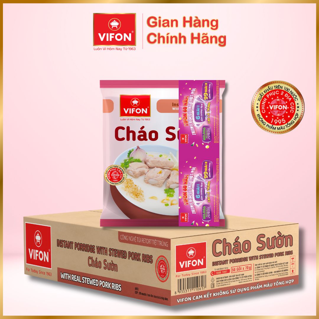 Thùng 50 Cháo Sườn VIFON có Gói Thịt Thật 27gr  (70g / Gói)