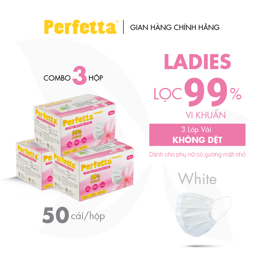 [Combo 3 - PERFETTA LADIES] - Khẩu Trang Dành Cho Phụ Nữ Chất Lượng Cao, Kháng Khuẩn, Chống Bụi Mịn, Màu Trắng, 3 Xanh, Bảo Vệ Tối Ưu - (50 cái/hộp)