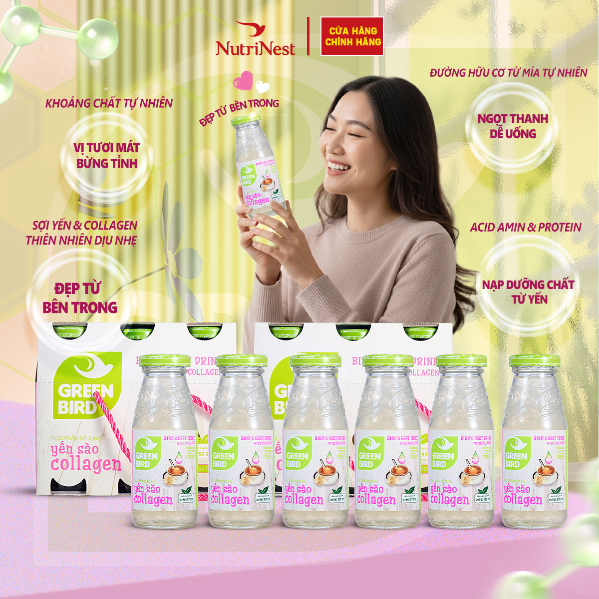 Nước Yến Sào Và Collagen Green Bird Thanh Mát Cơ Thể Chai 185ml