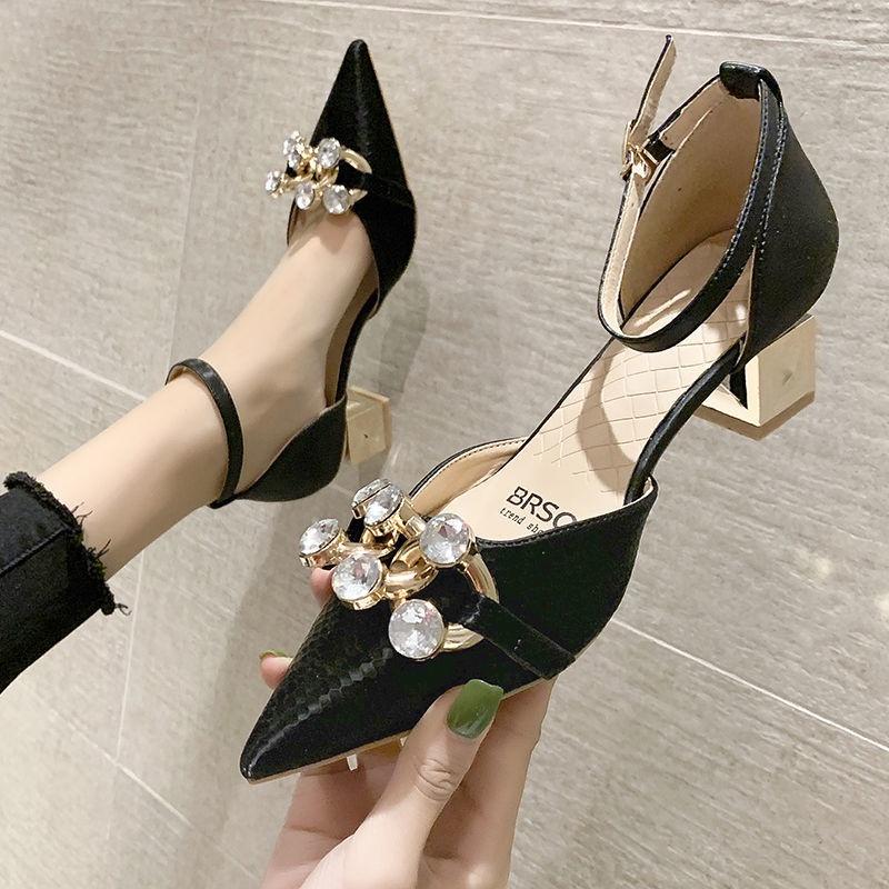 22 Spring and Summer New Fairy Diamond Fashion Sandals online celebrities in the same style with Baotou thick heel single shoe tip buckle