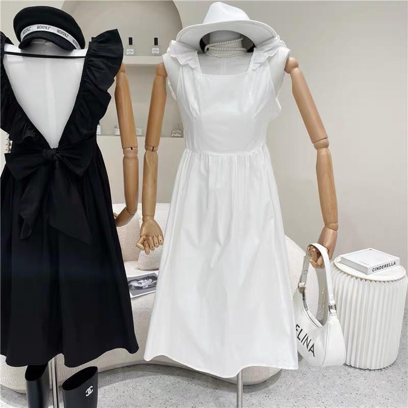 ĐẦM BÈO VAI NHÚN NƠ SAU KHOÉT LƯNG CỔ VUÔNG DÁNG XÒE-hình thật shop chụp