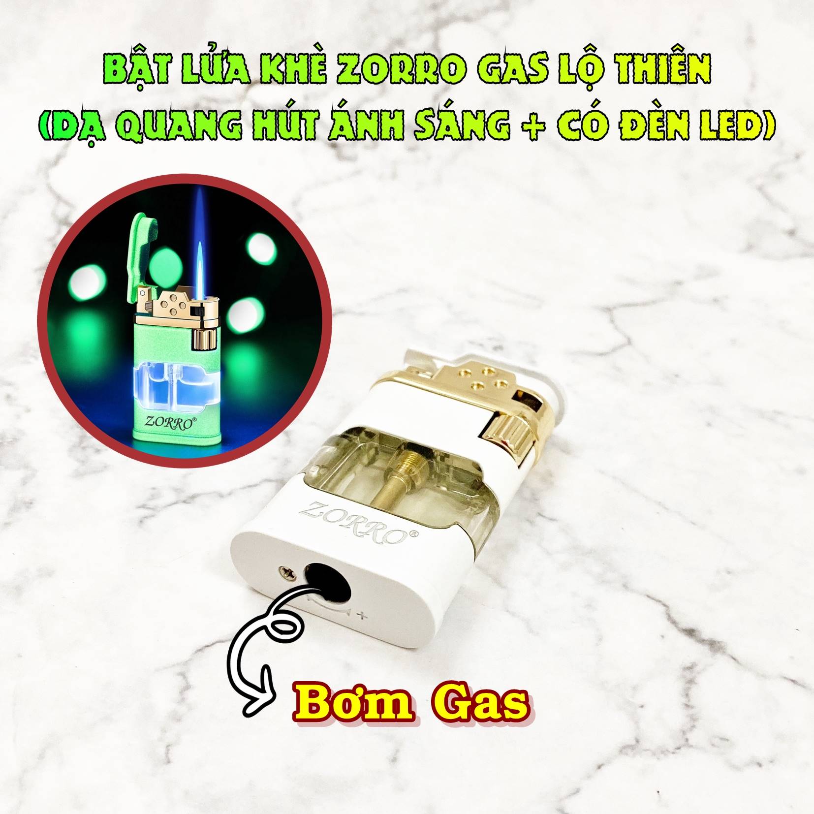 Hột quẹt bật lửa khè gas lộ thiên dạ quang hút ánh sáng (có đèn led) - (xài gas)