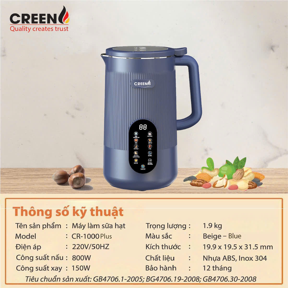 Máy Làm Sữa Hạt Đa Năng Creen CR-1000 PRO, Dung Tích 1L, 950W, Hàng Chính Hãng Bảo Hành 12 Tháng
