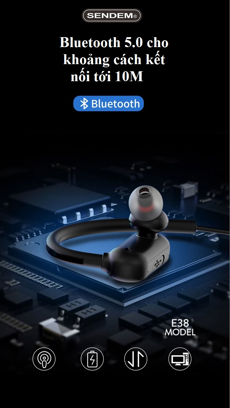 Tai Nghe thể thao kim loại Bluetooth SENDEM E38 - chống nước - pin trâu - Hàng chính hãng