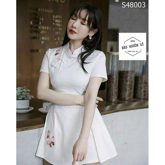Set bộ nữ áo cổ tàu nút bọc thêu họa tiết kèm quần short duyên dáng sang chảnh Thời trang XM Minh Phúc