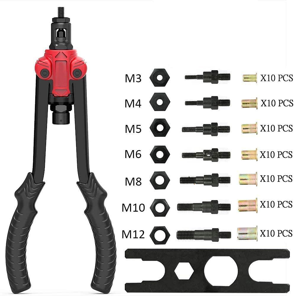 Rivet Nut Gun Hand Riveter High Quality 50# Carbon Steel Nut Gun Head and Handle with 70pcs Rivet Nuts and 7pcs Metric Mandrels