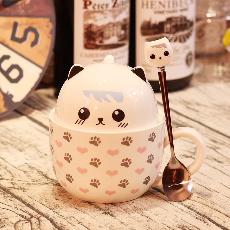 Ly Uống Nước Dễ Thương Hình Chú Mèo Có Tai Cute - Cốc Sứ 2 Công Dụng Có Nắp Và Thìa 400ml