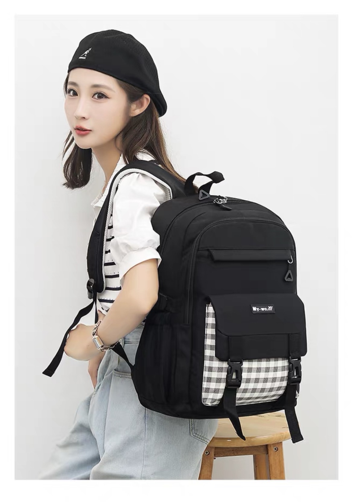 Balo đi học nữ ulzzang hàn nhật kẻ sọc caro đẹp cặp sách đen nữ hàn quốc balo thời trang sinh viên 3618
