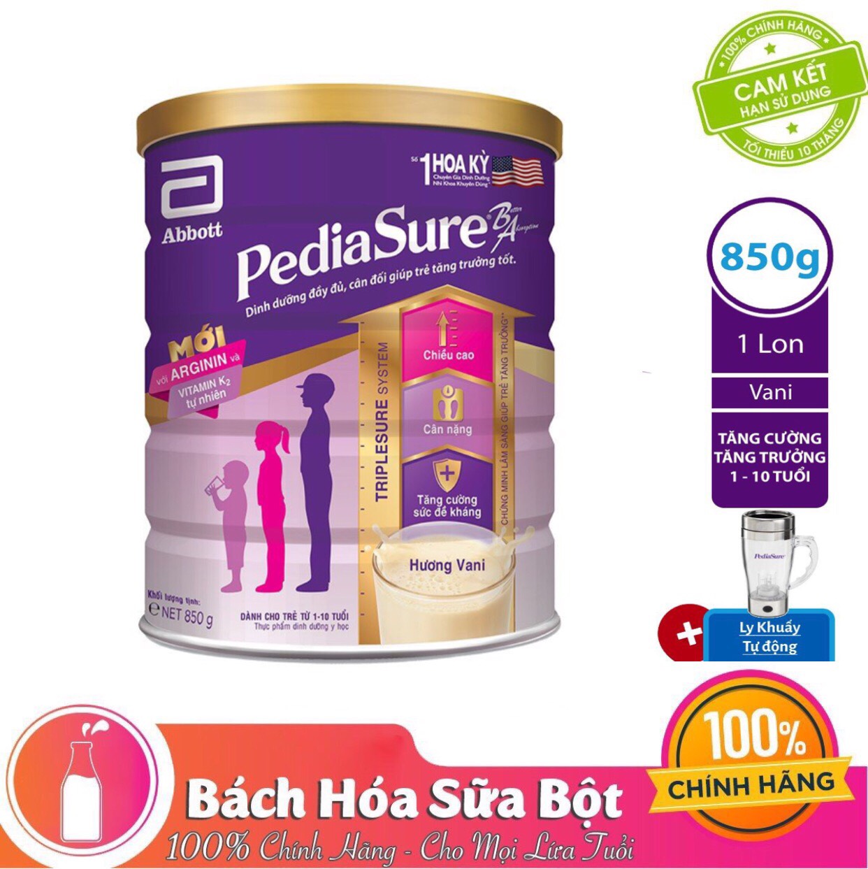 Sữa bột Pediasure hương Vani (850g) - Tặng Ly Khuấy tự động