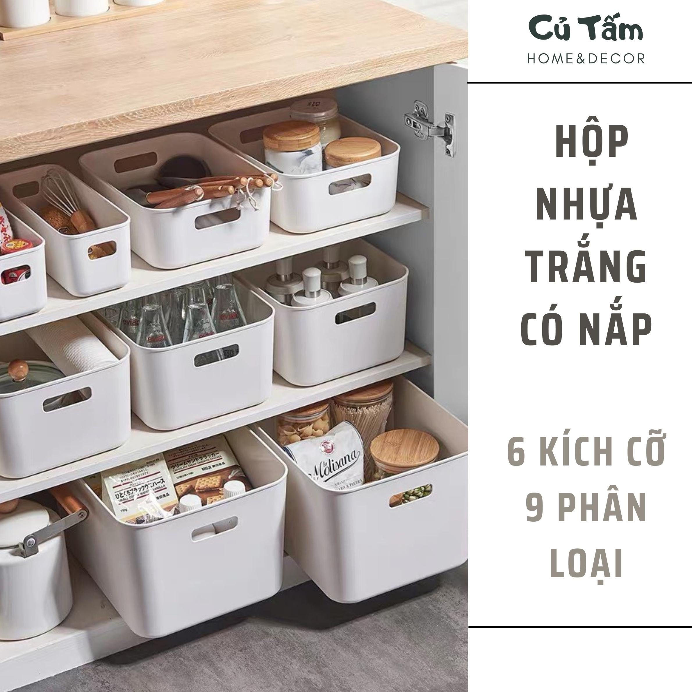 Hộp Nhựa Đựng Đồ Cỡ Lớn Màu Trắng Có Nắp Đậy, Khay nhựa để đồ xếp gọn đa năng