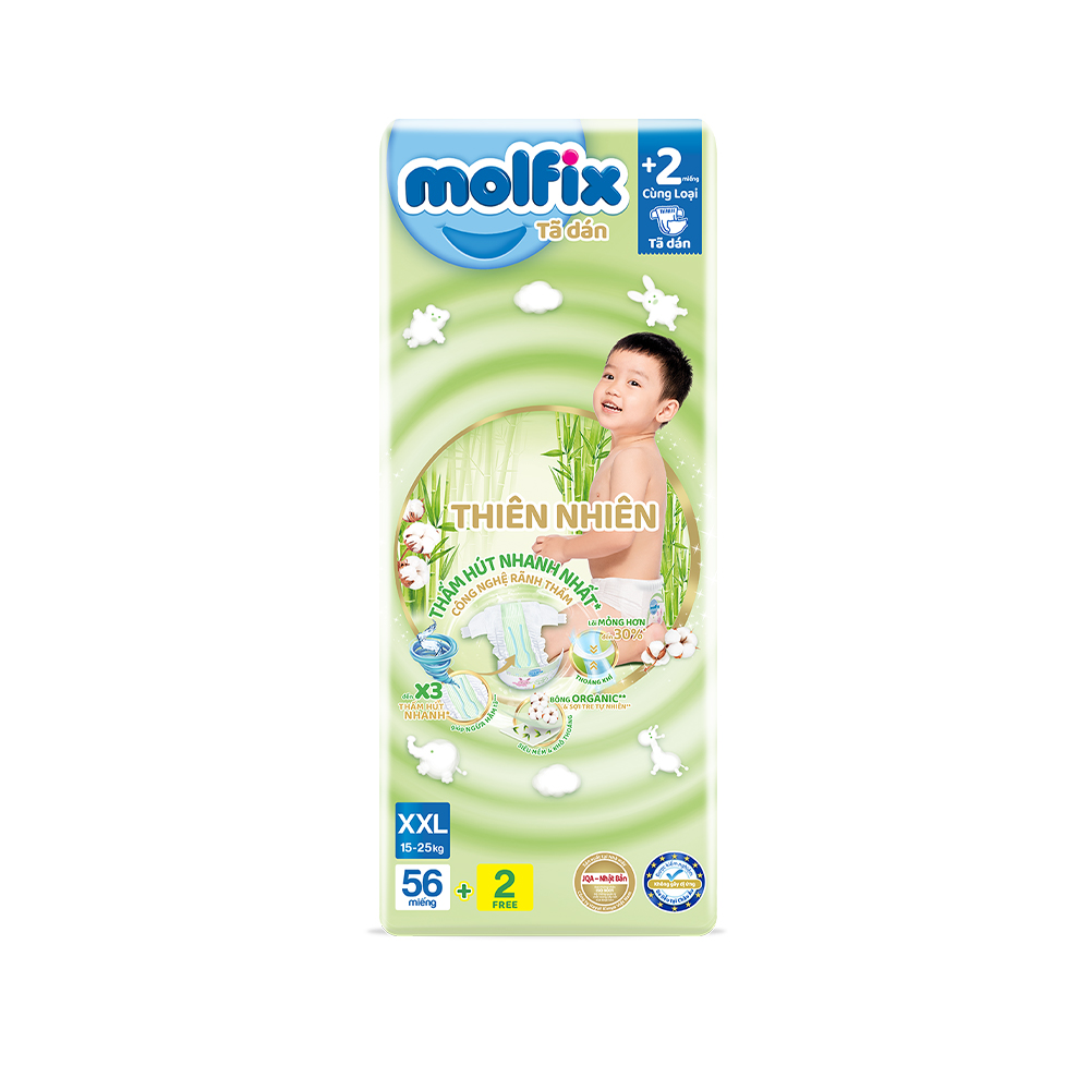 Tã/bỉm dán Molfix Thiên nhiên Super Jumbo XXL - Gói 56+2 miếng