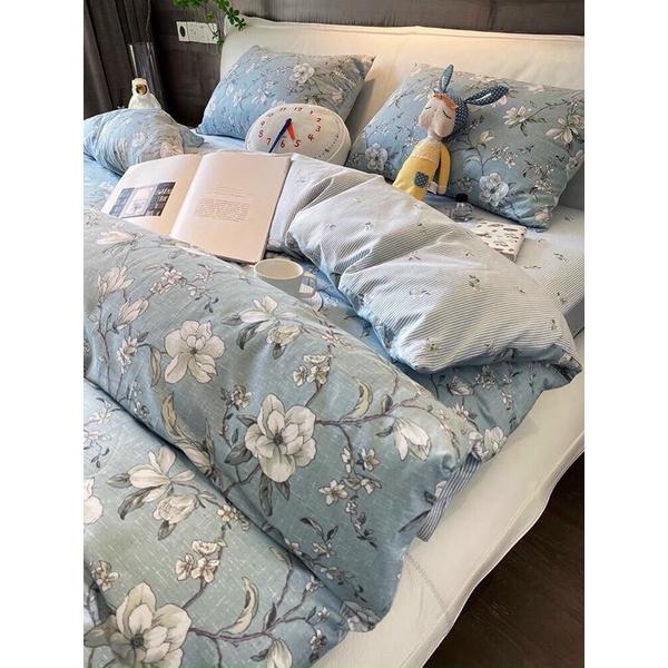 Set Cotton Living Hàng Nhập Khẩu Cao Cấp 4 Món Lá Mây Xanh