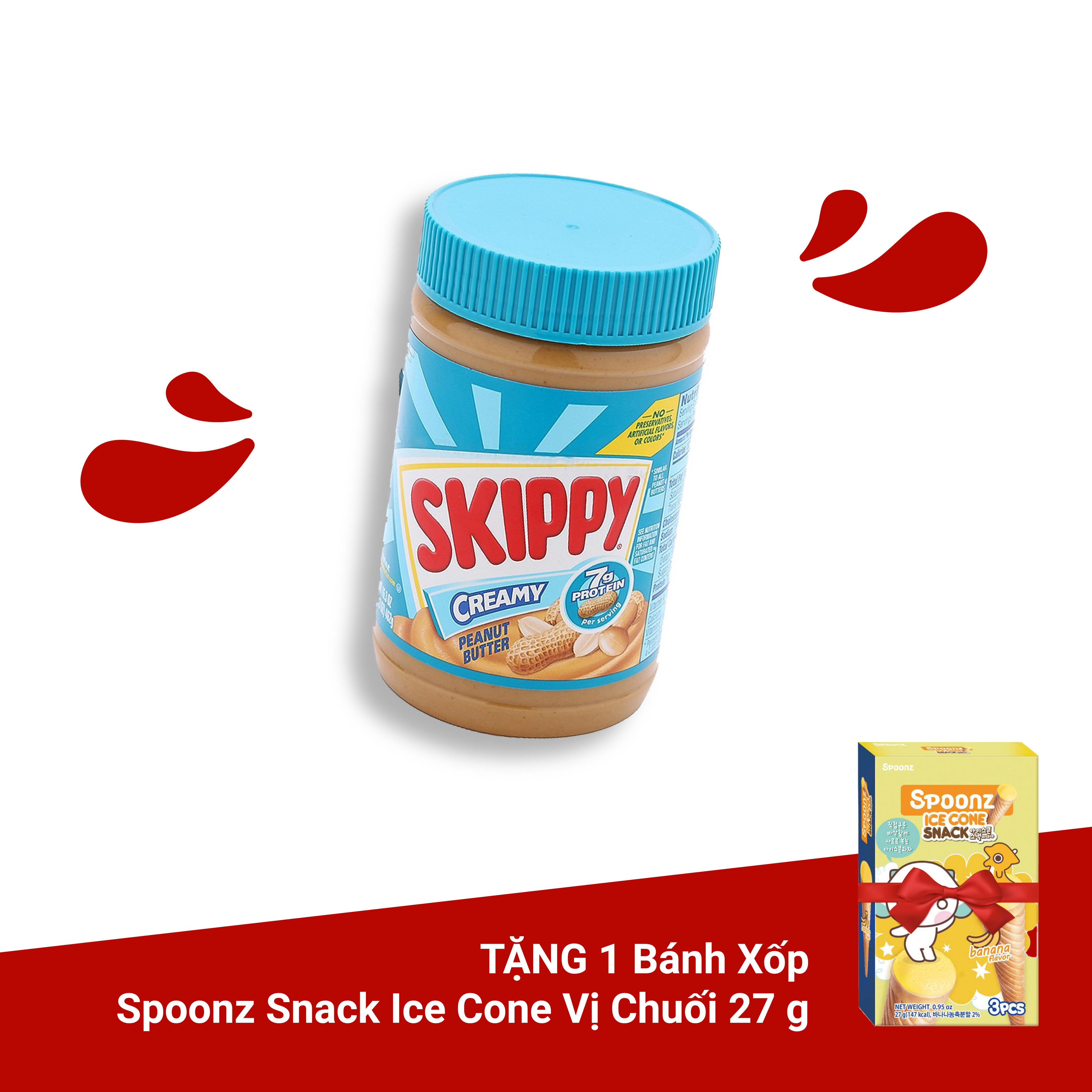 Bơ Đậu Phộng Mịn Skippy 462g (Mỹ) [Tặng Kèm Bánh Xốp Nhân Kem Chuối Spoonz 27g (Hàn Quốc)]