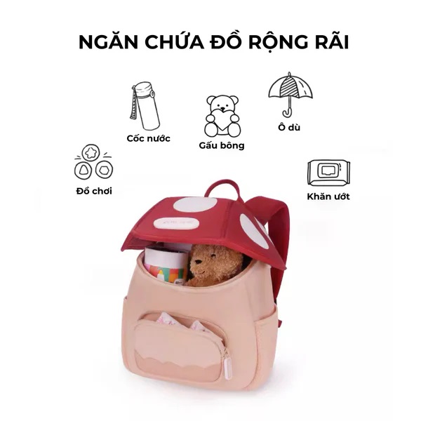 Balo cho bé mầm non Zoyzoii B50 hình cây nấm Mushroom series backpack, chống nước, siêu nhẹ, thoáng khí, quai rộng, chắc chắn - Hàng chính hãng