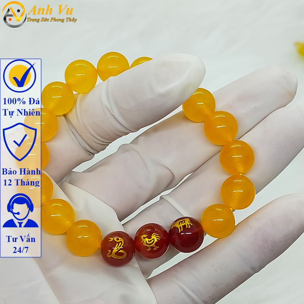 Vòng đá mã não vàng tự nhiên - Vòng tay tam hợp tỵ dậu sửu cho nữ mệnh kim - May mắn tài lộc
