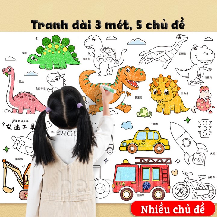 Cuộn tranh tô màu dán tường có thể cắt dán làm sticker dài 3m rộng 30cm cho bé