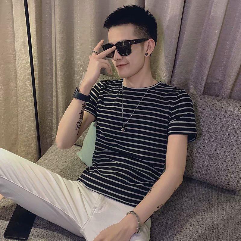 Short Sleeve T-Shirt summer new stripe short sleeve boys Korean fashion boys slim fashion brand half sleeve ins casual T-shirt bottomed thin