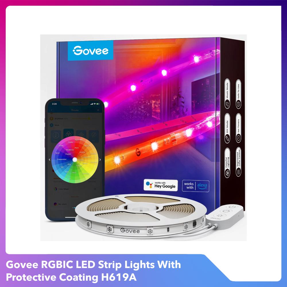 Dây đèn LED Govee RGBIC Wi-Fi + Bluetooth LED Strip Lights With Protective Coating 5M H619A | Phủ coating, 16 triệu màu RGBIC tùy chỉnh, cảm biến nhạc, kết nối thông minh | Hàng chính hãng