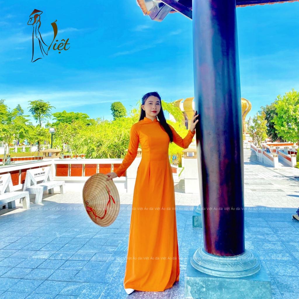 Áo dài màu cam trơn truyền thống may sẵn lụa nhật cao cấp
