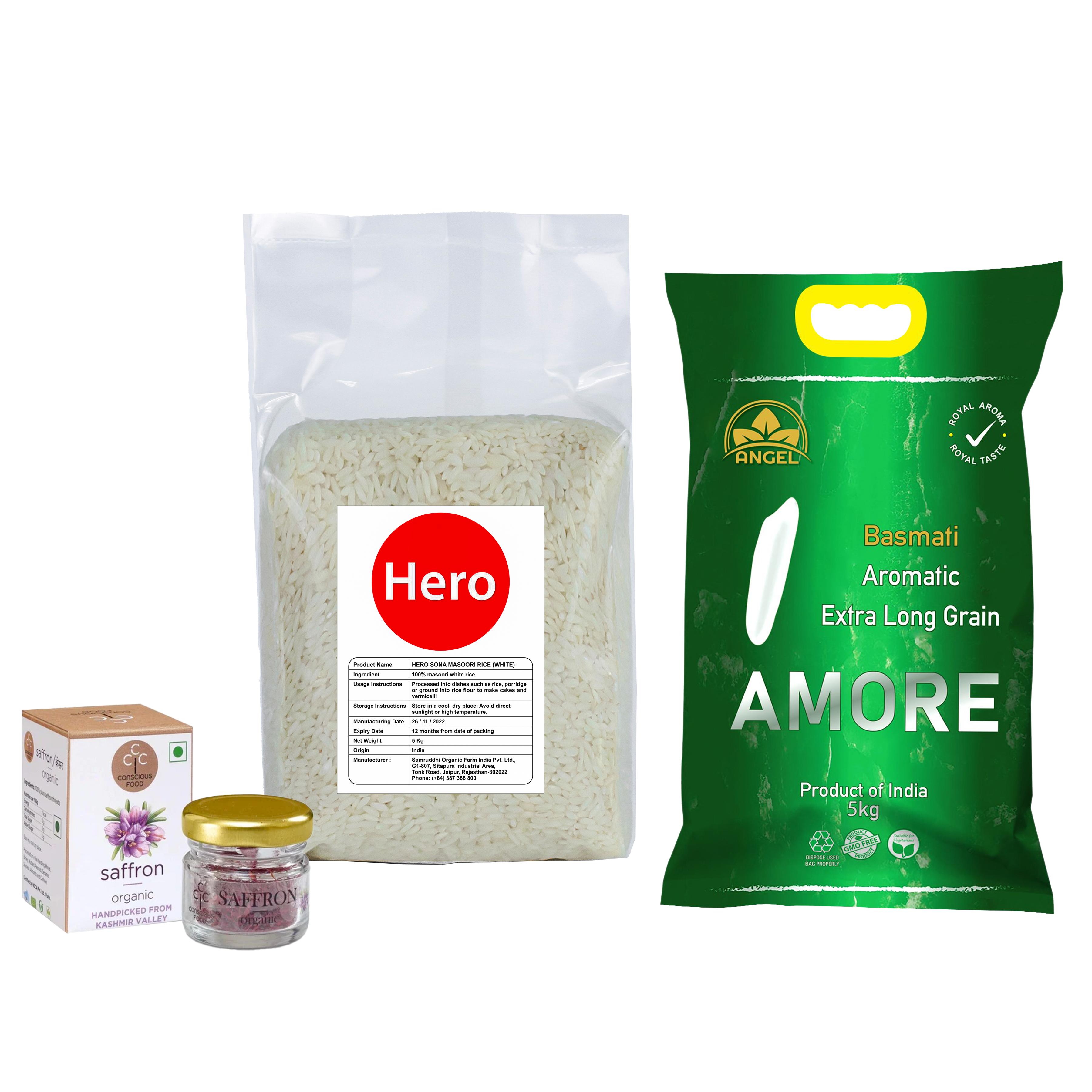 Combo 5Kg Gạo Basmati + 5Kg Gạo Sona Masoori và Saffron Hữu Cơ 1gr Nhập khẩu