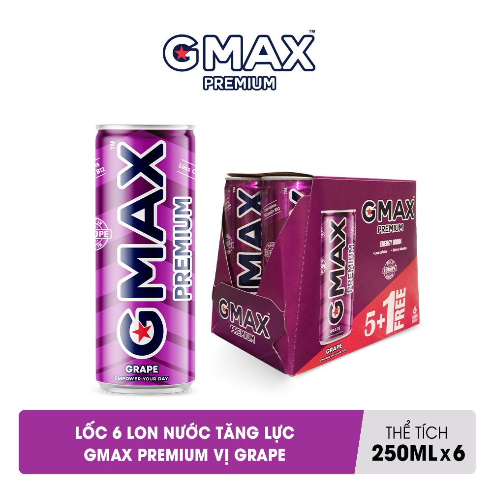 Nước tăng lực Gmax Premium vị Nho (250ml x 6)