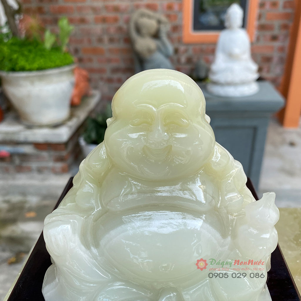 Tượng Phật Di lặc cầm hồ lô đá ngọc Pakistan 10cm - đá Non Nước
