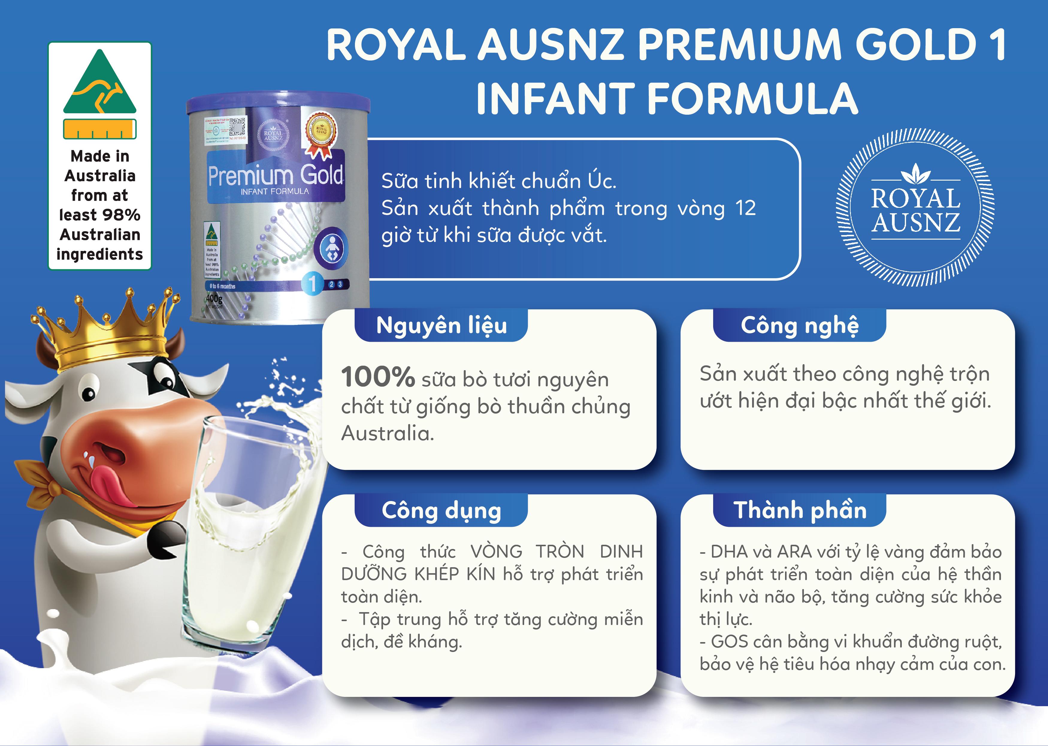 Combo 3 Hộp Sữa Bột Premium Gold Số 1 ROYAL AUSNZ Vị Ngọt Dịu Giúp Hấp Thu Dinh Dưỡng Cho Trẻ 400g-900g/hộp