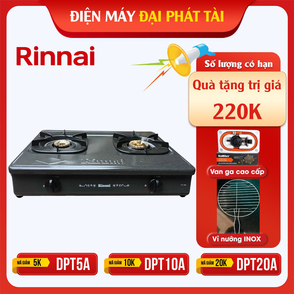 Bếp Gas Dương Đôi Rinnai RV-367N Tặng kèm 1 bộ van và dây gas- Hãng chính hãng
