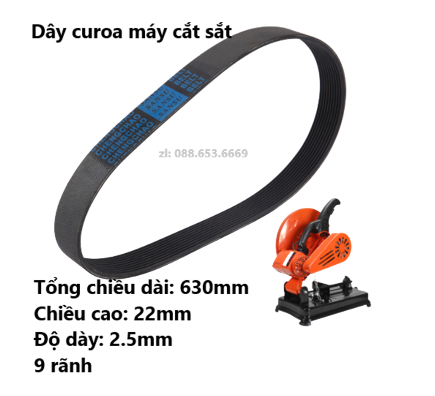 Dây curoa máy cắt sắt màu đen bố loại tốt (tổng chiều dài 630mm; chiều cao 26mm; độ dày 2.5mm)