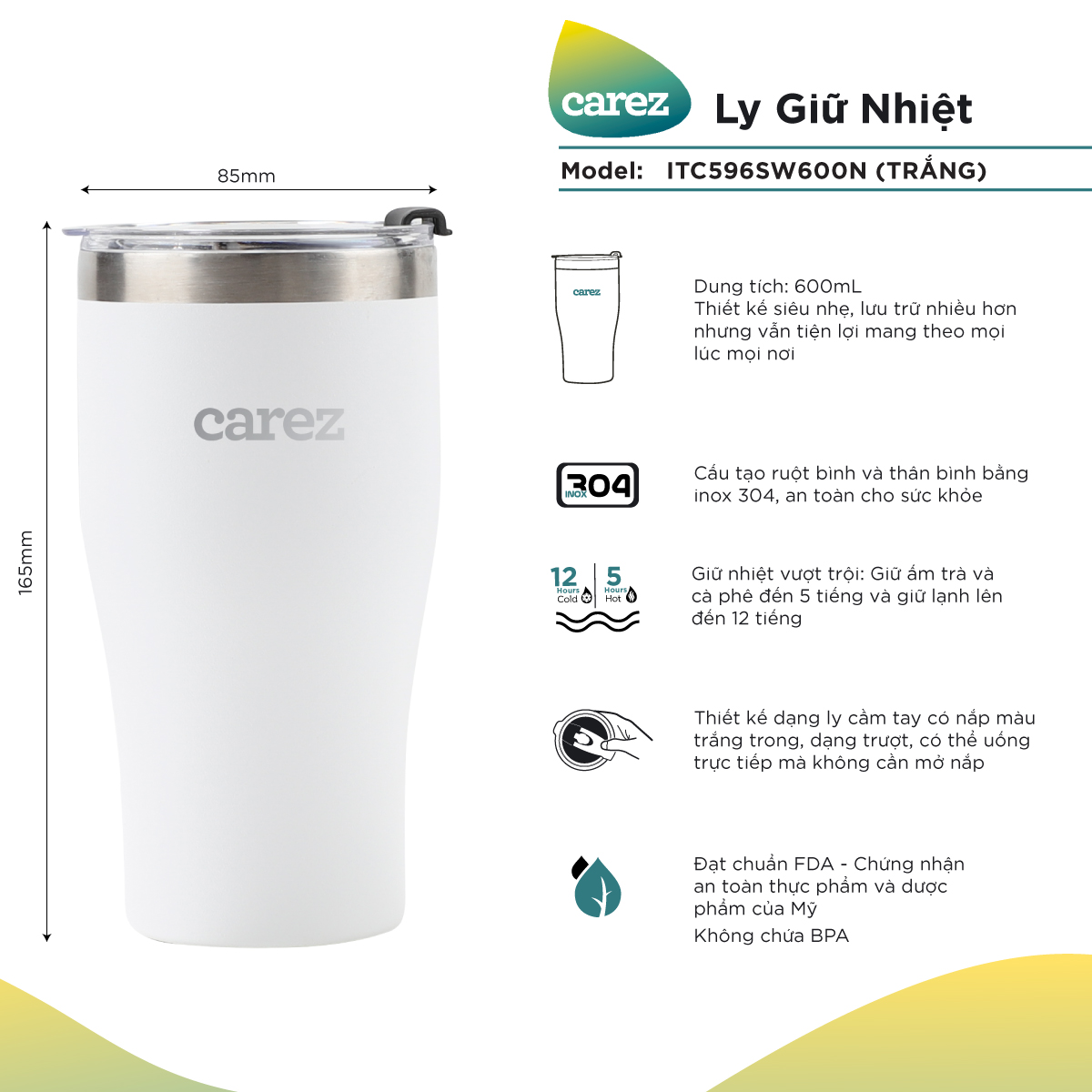 Ly Giữ Nhiệt Carez ITC596SW600N - TRẮNG- 600ml, Inox 304, Không chứa BPA - Giữ nóng đến 5 tiếng, giữ lạnh đến 12 tiếng - Hàng chính hãng