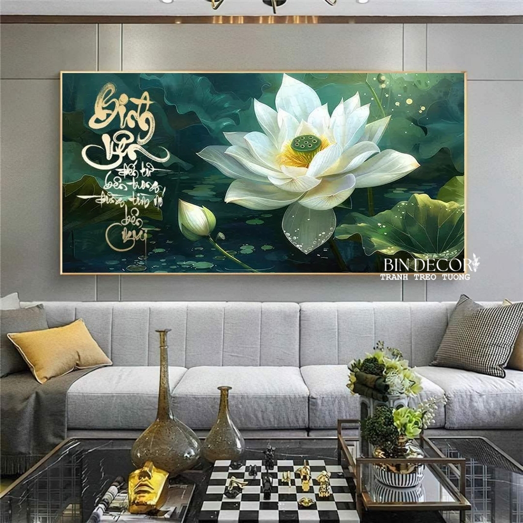 (ẢNH CHỤP THẬT) Tranh treo tường tráng gương hoa sen trắng trang trí phòng khách, phòng thờ