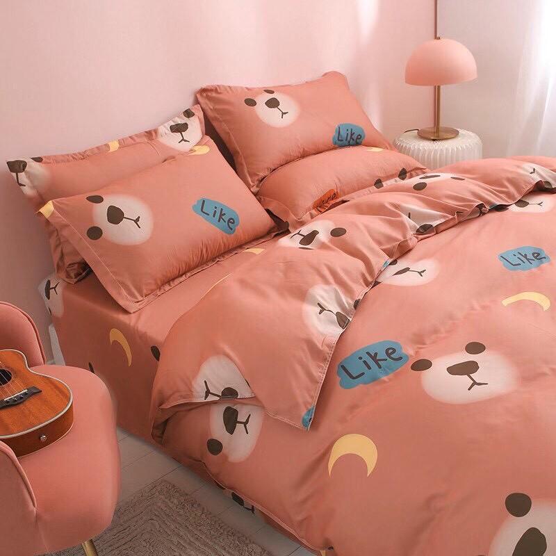 Bộ chăn ga gối Cotton Poly M2T bedding gấu cam, vỏ chăn mền, drap giường và 2 vỏ gối