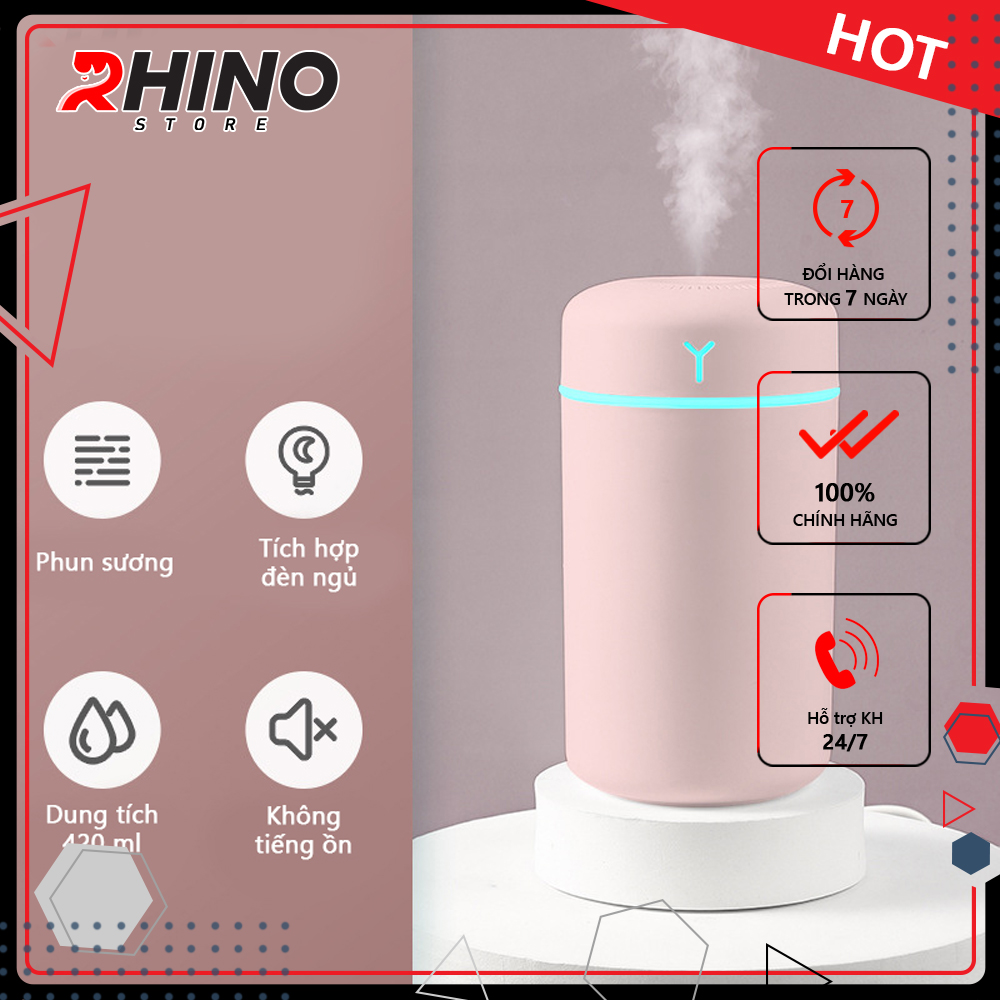 Máy Phun Sương Xông Tinh Dầu Tạo Ẩm Rhino H901 Dung Tích 420Ml, Nhỏ Gọn, Không Gây Tiếng Ồn, Tích Hợp Đèn Ngủ Rgb Nhiều Màu, Có Chế Độ Tự Ngắt - Hàng Chính Hãng - Hồng Tinh Dầu Sả Chanh