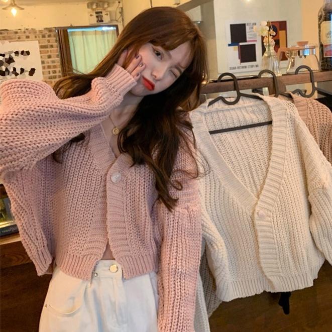 Áo khoác len cardigan croptop nhiều màu cổ V dệt kim dáng rộng cho phái nữ hàng Quảng Châu chất đẹp H-24