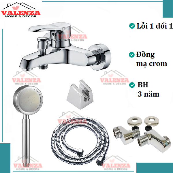 Bộ sen tắm nóng lạnh Valenza 1404 chất liệu đồng mạ crom kèm đầy đủ bát sen tắm tăng áp, dây sen tắm inox, cài sen, chân sen-Nước chảy mạnh