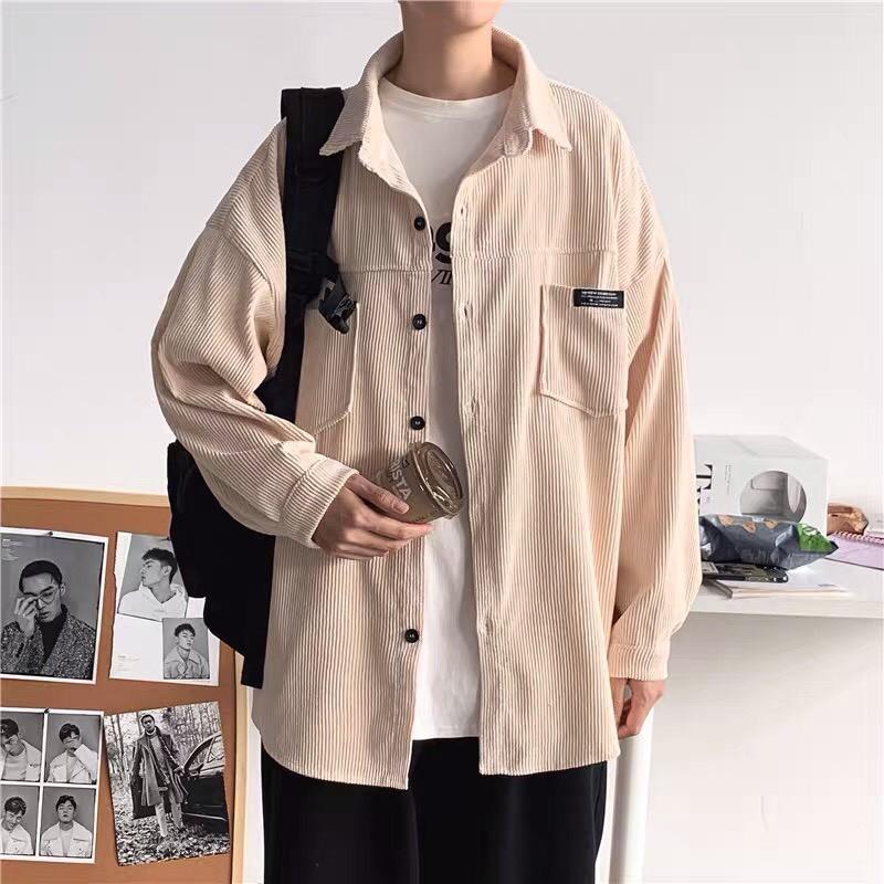 Áo Khoác Sơ Mi Nhung Gân Form Rộng Nam Nữ Unisex Logo Thêu Cá Tính