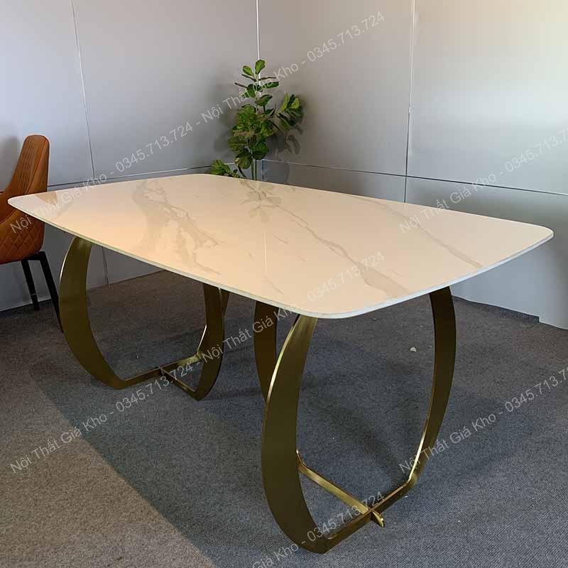 Bàn ăn mặt đá phiến , đá ceramic bóng dày 12mm chống trầy xước, ố vàng, chân 3 cấu inox mạ vàng PVD sáng bóng