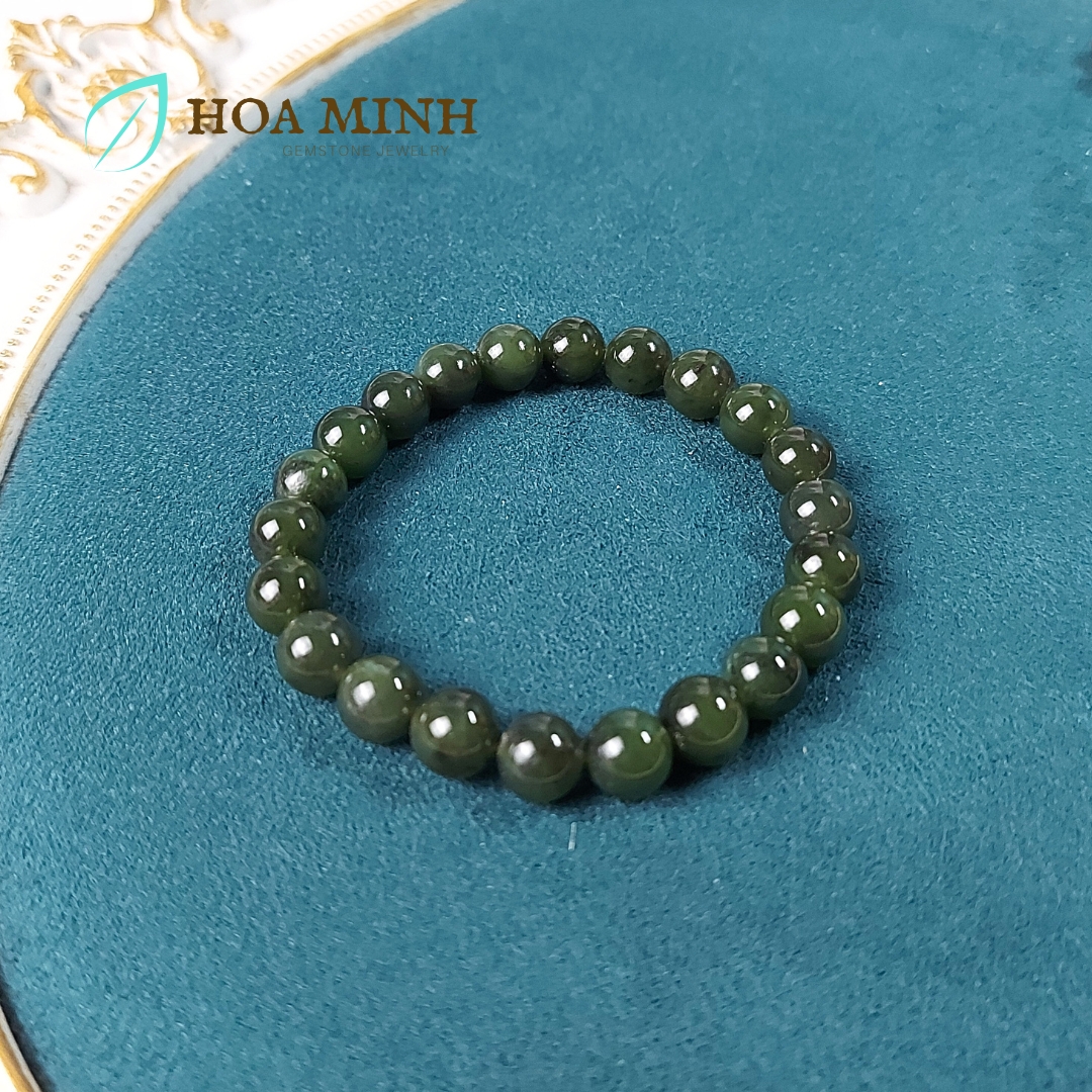 Vòng tay đá Ngọc Bích Nephrite tự nhiên xanh đậm size hạt 7.9 - 8.3 li không kén mệnh