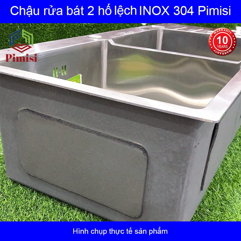 Chậu rửa bát inox 304 Pimisi đúc cao cấp 2 hố lệch - kích thước 7843-8245 cm kèm rổ đựng đồ và đầy đủ xi phông loại ống to, dùng để rửa chén bát gắn được cả âm bàn đá | Hàng chính hãng