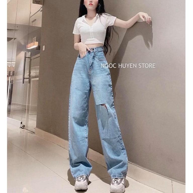 Quần jeans nữ ống rộng màu xanh - Quần bò ống rộng rách gối - CM Shop