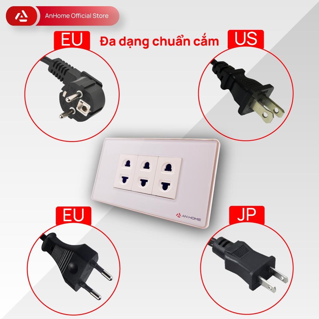 Ổ cắm điện mặt kính cường lực chữ nhật 2 chấu viền mạ Champagne AnHome GR-U2