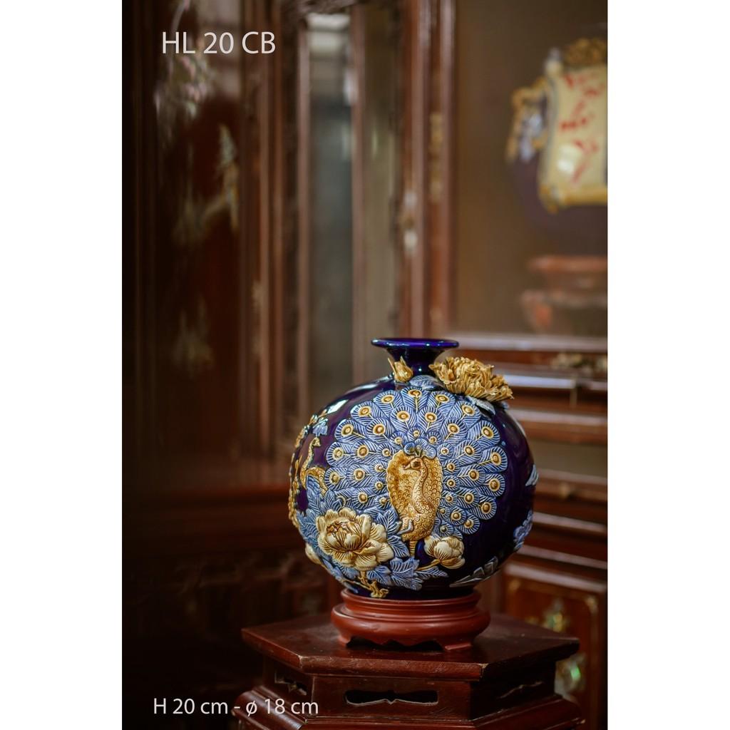 Bình hút lộc, lọ hoa hút tài lộc vinh hoa phú quý gốm sứ bát tràng 22cm xanh dương
