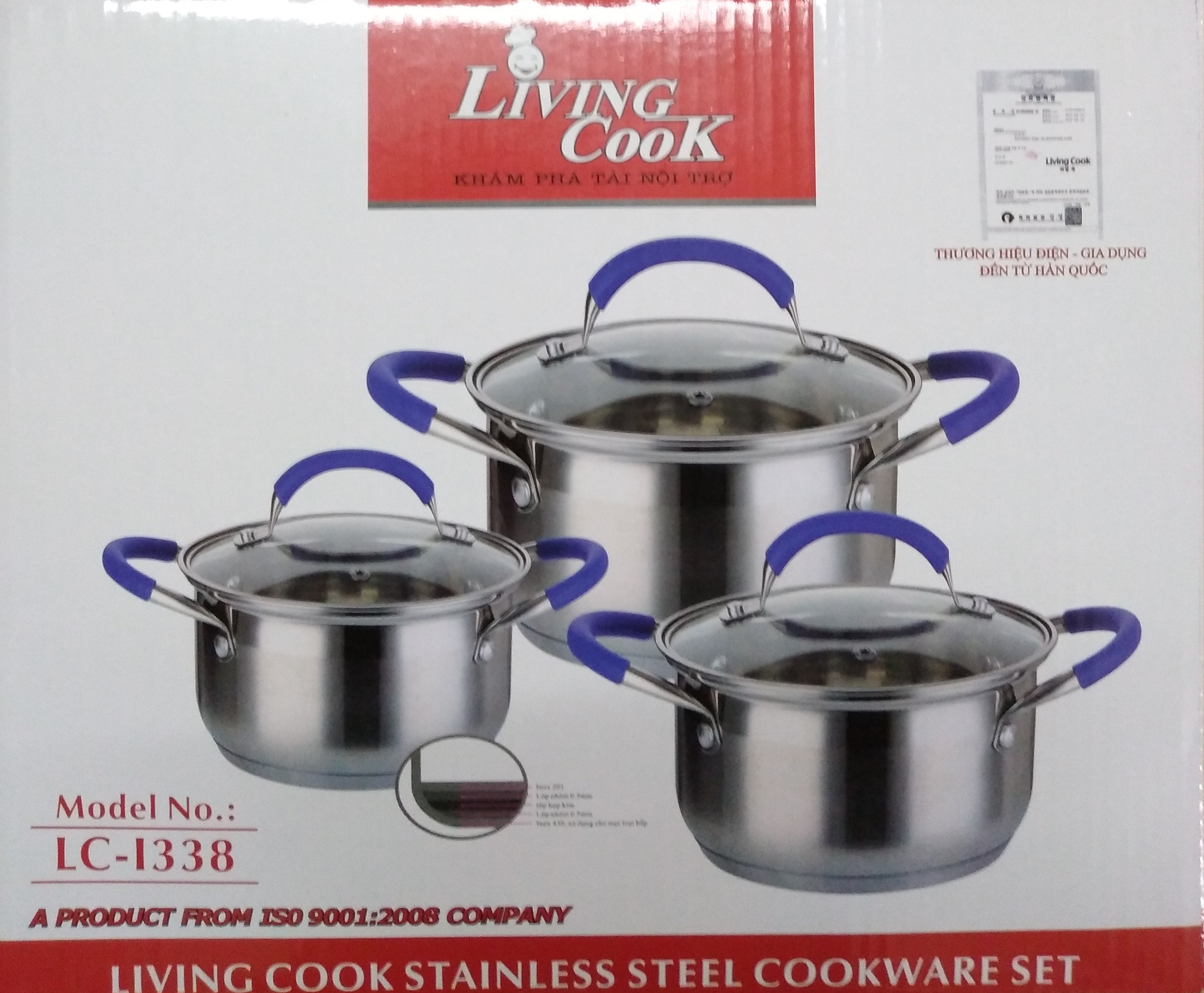 Bộ Nồi Inox 5 Đáy LivingCook LC-I338 Dùng Mọi Bếp (16-20-24 cm) - Hàng Chính Hãng
