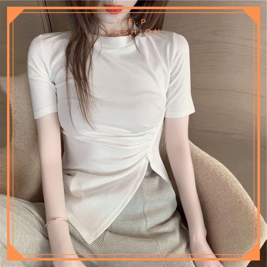 Áo Phông Nữ Ngắn Tay Cổ Tròn Nhún Eo Xẻ Tà Cách Điệu Tep Fashion - AP009