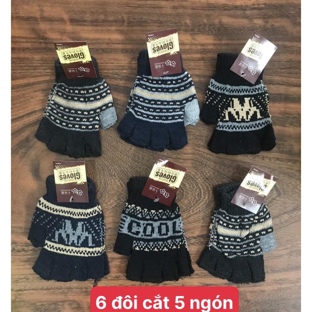 Combo 6 đôi găng tay len, 2 mẫu : cắt 5 ngón và không cắt ,họa tiết thổ cẩm, dành cho nam & nữ , ảnh thật